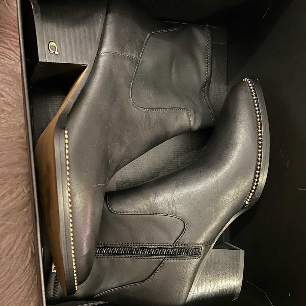 Black coach, ankle boots, gold beaded trim never worn brand new in the box